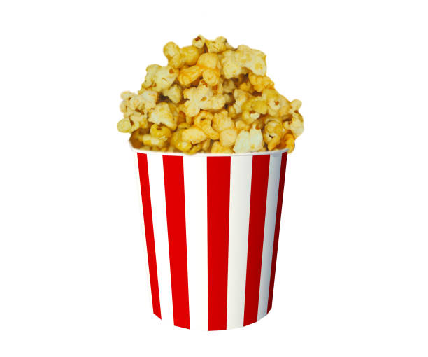 istock Popcorn in Small Red & White Striped Popcorn Buckets on white background with Clipping path. 1156274499