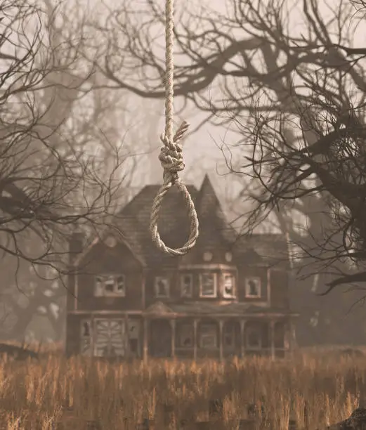 Rope noose hanging in creepy forest with haunted scene,3d rendering