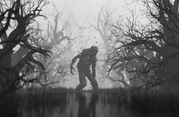 Monster in creepy forest stock photo