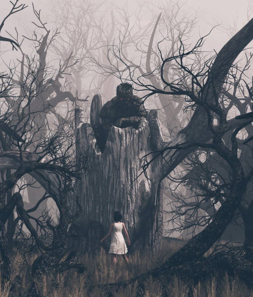 istock Girl staring at a ghost tree in creepy forest 1156275458