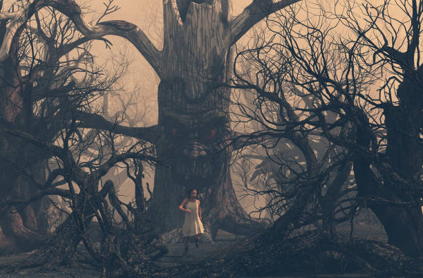 istock Girl running away from ghost tree 1156275459