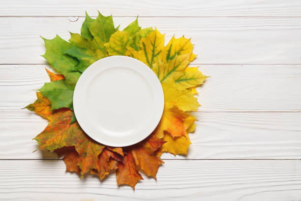 Ceramic plate and fallen leaves on a white wood background. stock photo