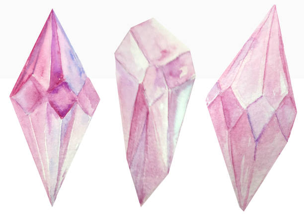 ilustraciones, imágenes clip art, dibujos animados e iconos de stock de tres cristales rosados de acuarela sobre un fondo blanco. ilustración ráster para el diseño y decoración de carteles, - amethyst esoteric mineral the natural world