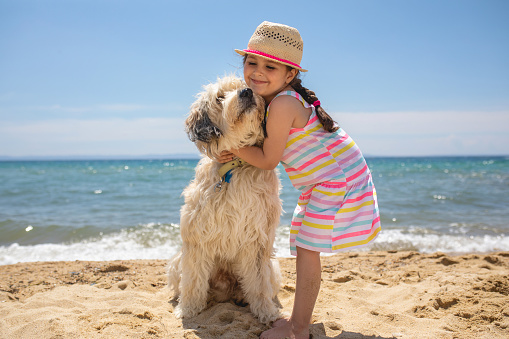 Cute girl and her dog on the beach
