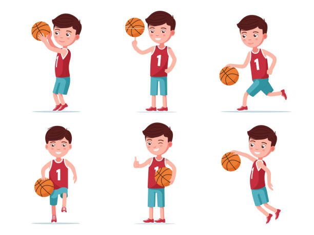 ustaw chłopca koszykarza grającego z piłką - child basketball uniform sports uniform stock illustrations