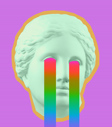 Modern conceptual art poster with green purple colorful ancient statue of Venus de Milo head. Contemporary art collage. Concept of retro wave style posters.
