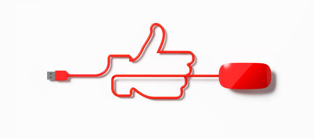 cabo vermelho do rato que dá forma a polegares acima do símbolo no fundo branco - computer graphic digitally generated image three dimensional shape isolated on white - fotografias e filmes do acervo