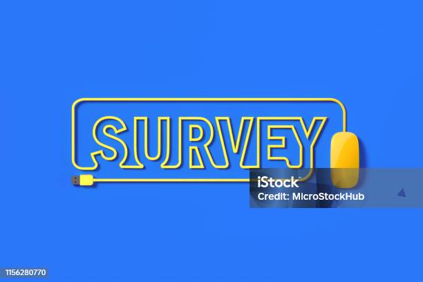 Yellow Mouse Cable Forming Survey Text On Blue Background Stock Photo - Download Image Now