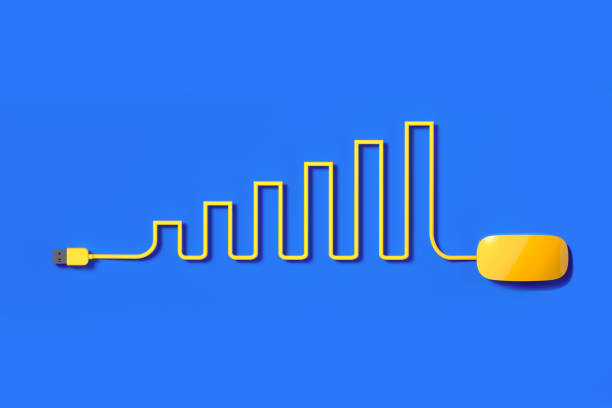 gelbe maus kabel bilden eine bar graph auf blauem hintergrund - gelb grafiken stock-fotos und bilder
