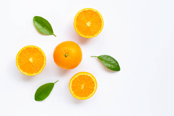 istock Fresh orange citrus fruit with leaves isolated on white background. 1156281647