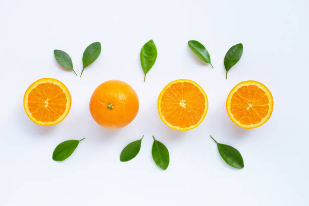 istock Fresh orange citrus fruit with leaves isolated on white background. 1156281661