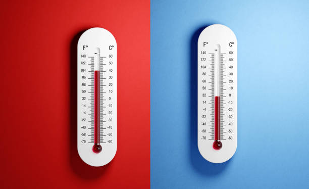 thermometer auf rotem und blauem hintergrund - thermometer stock-fotos und bilder