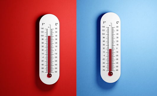 Thermometers with high and low temperatures on red and blue backgrounds. Horizontal composition with copy space. Front view.
