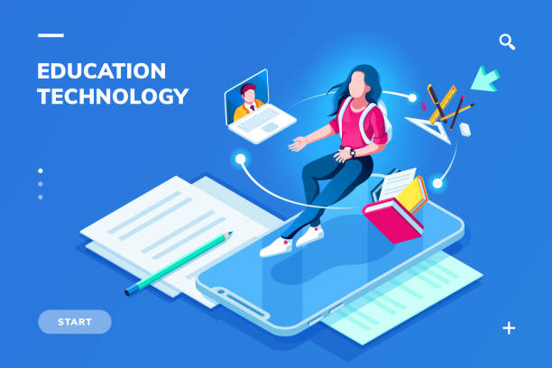 ilustrações de stock, clip art, desenhos animados e ícones de futuristic education technology page for smartphone application. isometric banner for online education. student woman on top of phone and teacher at notebook. digital college or school. e-learning - teacher education classroom school