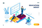 Man and woman at isometric classroom. Smartphone application page for higher or tertiary, academic online education for adult. Online or digital technology for college or university study. Training