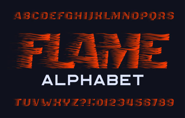 Flame alphabet font. Flame effect type letters and numbers. Flame alphabet font. Flame effect type letters and numbers on dark background. Stock vector typescript for your design. fire inferno typescript alphabet stock illustrations