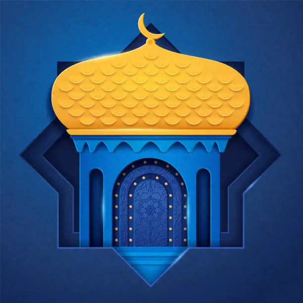 Vector illustration of Arabic mosque made of paper or islamic church with dome and crescent, palace with moon, muslim arabesque decoration for Eid al-Adha and Ramadan celebration or card background. Religion theme