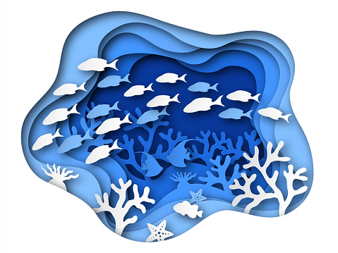 Underwater sea paper cut. Ocean bottom reefs with sea animals, corals and fish, seaweed. Blue seabed paper origami vector background