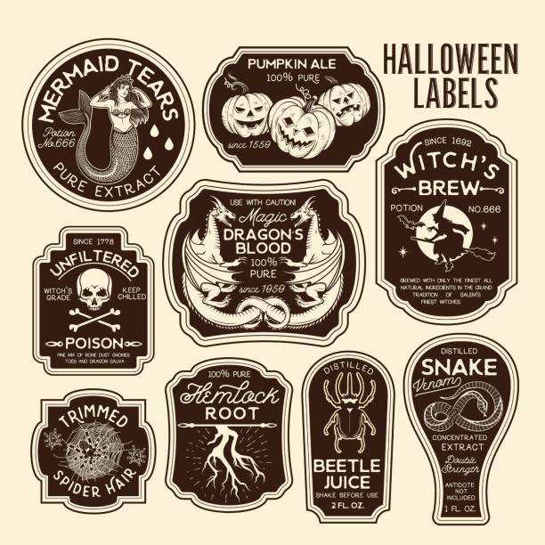 ilustrações, clipart, desenhos animados e ícones de etiquetas da poção das etiquetas da garrafa de halloween. ilustração do vetor. - cemetery halloween moon spooky