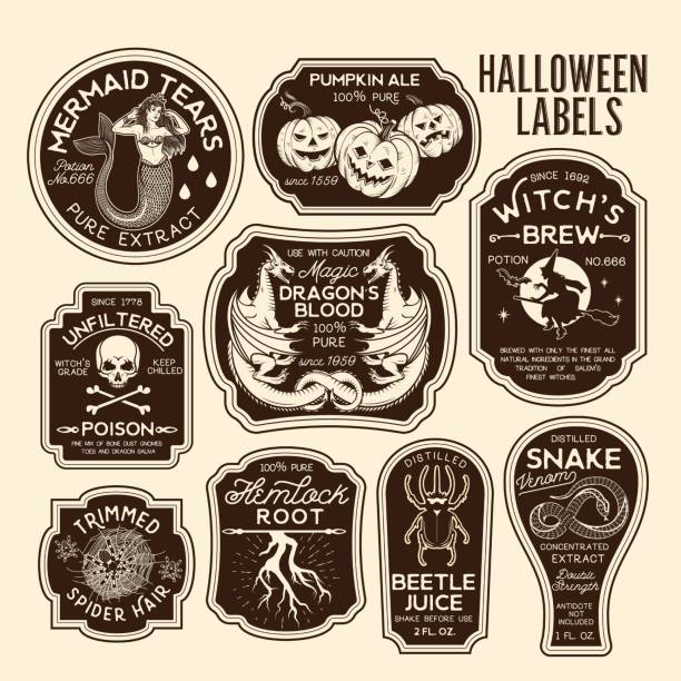 Halloween Bottle Labels Potion Labels. Vector Illustration. Halloween Bottle Labels Potion Labels. halloween moon stock illustrations