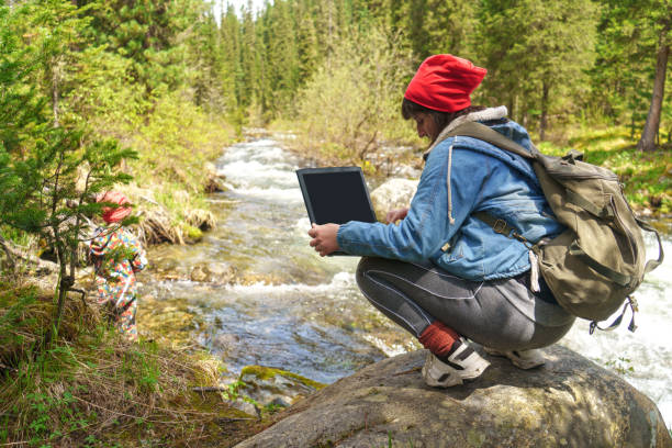 istock Woman using laptop in the north forest in summertime 1156290325