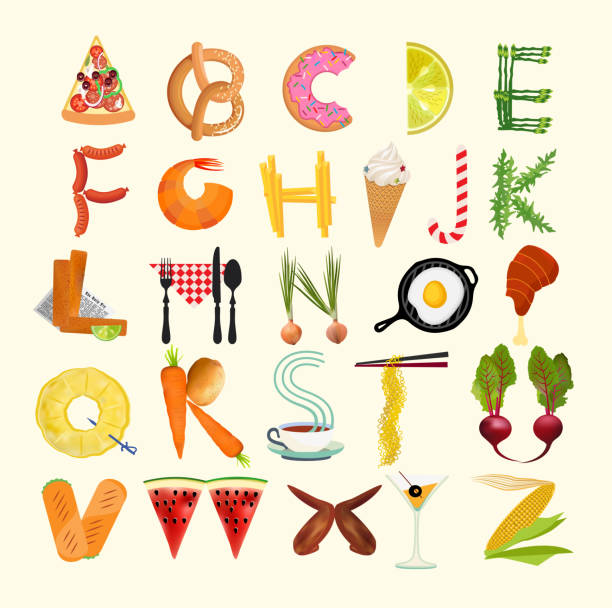 Typography Kitchen Poster. Food Alphabet. Vector Illustration. - ilustração de arte vetorial