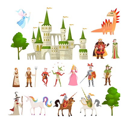 Fairytale characters. Fantasy medieval magic dragon, unicorn, princes and king, royal castle and knight vector set