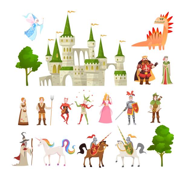 Fairytale characters. Fantasy medieval magic dragon, unicorn, princes and king, royal castle and knight vector set Fairytale characters. Fantasy medieval magic dragon, unicorn, princes and king, royal castle and knight, vector magic story set cartoon palace stock illustrations