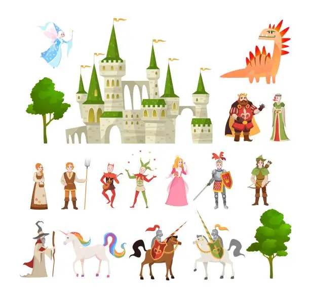 Vector illustration of Fairytale characters. Fantasy medieval magic dragon, unicorn, princes and king, royal castle and knight vector set