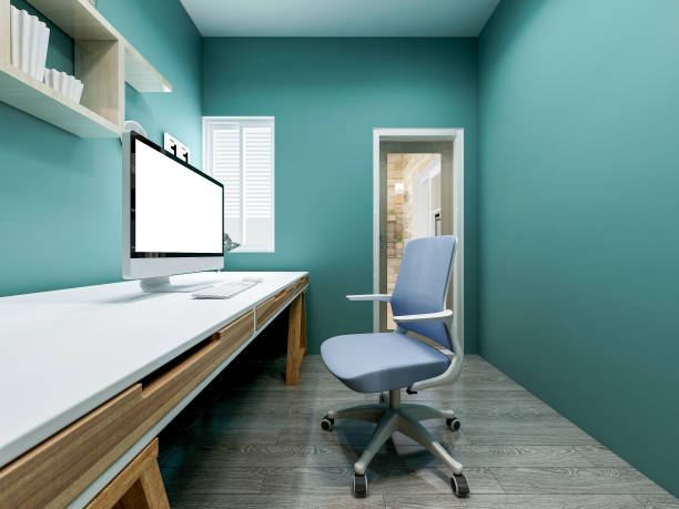 istock 3D rendering, home office with armrests and computer, books and other decorations on the shelves 1156295258
