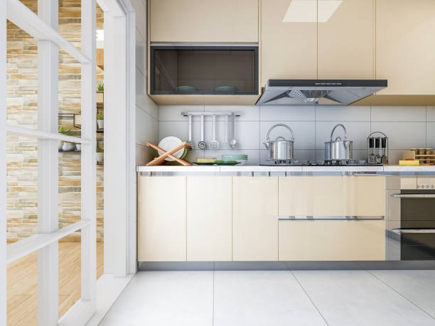 istock 3D rendering, bright, spacious and clean modern kitchen design, integrated cabinet is very convenient 1156295287