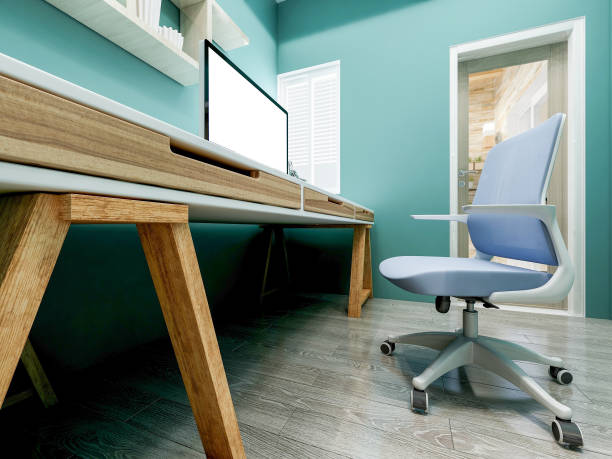 istock 3D rendering, home office with armrests and computer, books and other decorations on the shelves 1156295297
