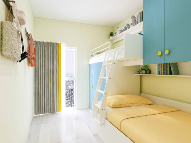 istock 3D rendering, bright and bright children's bedroom with double bunk beds 1156295328