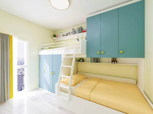 istock 3D rendering, bright and bright children's bedroom with double bunk beds 1156295330