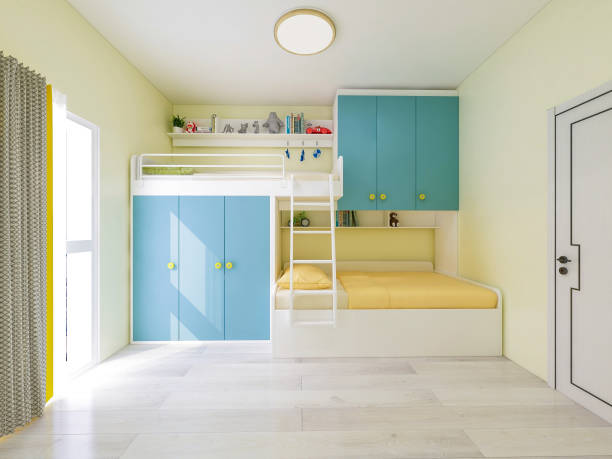 istock 3D rendering, bright and bright children's bedroom with double bunk beds 1156295341