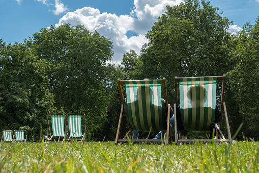Two people sitting in deck chairs in a park. Rear view; shadows only. Sunny weather.