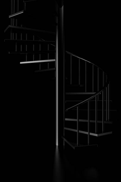 istock Light and shadow of spiral staircase in the darkness. 3D rendering. 1156298974