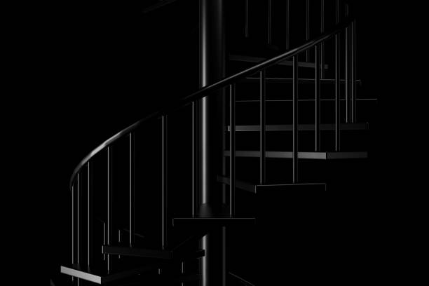 istock Light and shadow of spiral staircase in the darkness. 3D rendering. 1156298987
