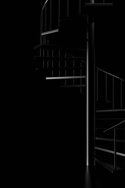 istock Light and shadow of spiral staircase in the darkness. 3D rendering. 1156298988