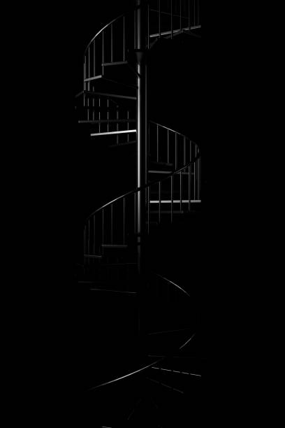 istock Light and shadow of spiral staircase in the darkness. 3D rendering. 1156298992