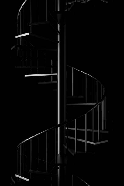 istock Light and shadow of spiral staircase in the darkness. 3D rendering. 1156298994
