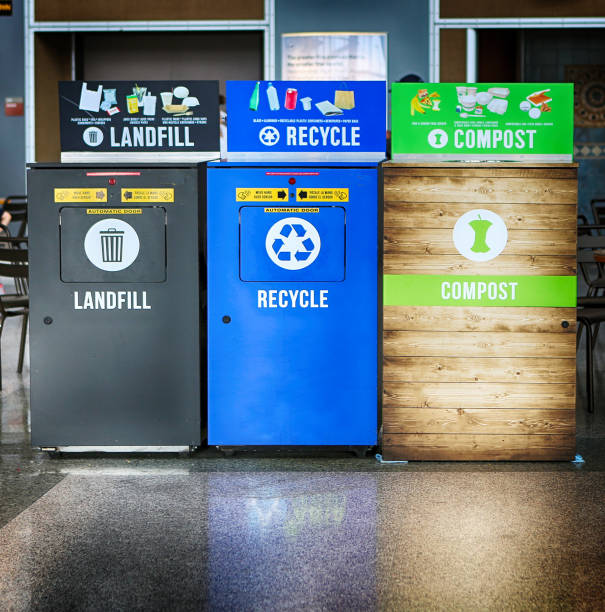 Colorful recycle bins Recycling bins: landfill, recycle, compost recycling bin photos stock pictures, royalty-free photos & images