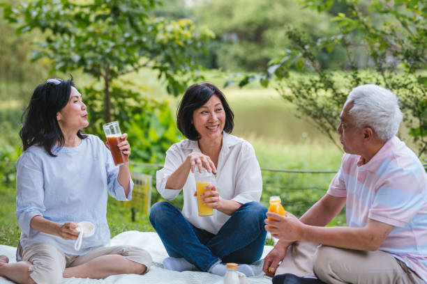 istock Three Asia Senior Retirement Having Picnic In Park Concept 1156301580