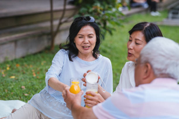 istock Three Asia Senior Retirement Having Picnic In Park Concept 1156301605
