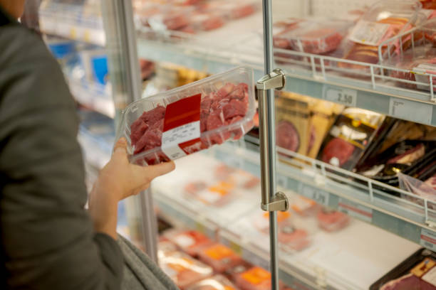 Buying meat at grocery store