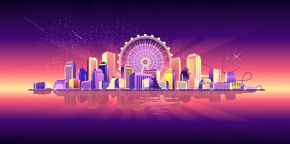 Vector horizontal banner illustrations, night city, neon light, cityscape, in red-violet tones, street panorama, buildings on the coastline are reflected in the water