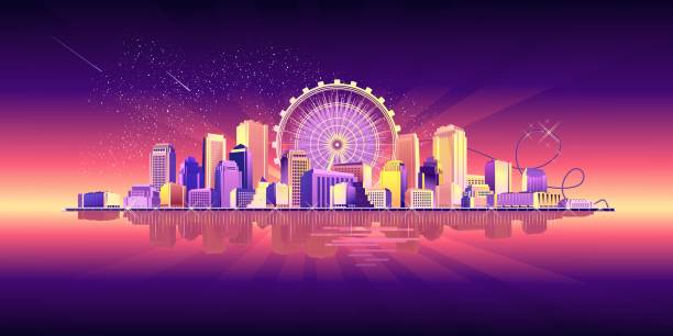 night neon city Vector horizontal banner illustrations, night city, neon light, cityscape, in red-violet tones, street panorama, buildings on the coastline are reflected in the water bay cartoon stock illustrations