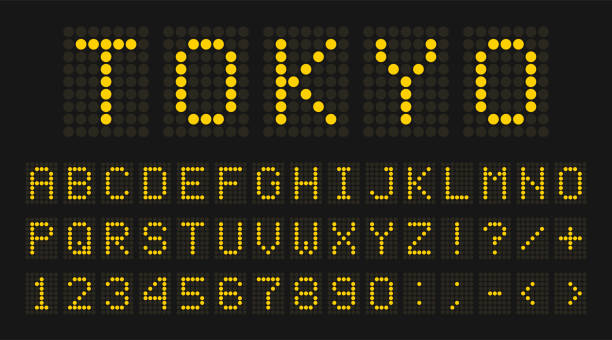 Led digital font, letters and numbers Led digital font, letters and numbers. English alphabet in digital screen style. Led digital board concept for airport, sport matches, billboards and advertising. Vector airport designs stock illustrations