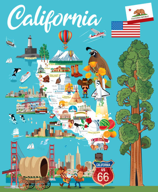 ilustraciones, imágenes clip art, dibujos animados e iconos de stock de california - mapa de los estados unidos y la bandera estadounidense