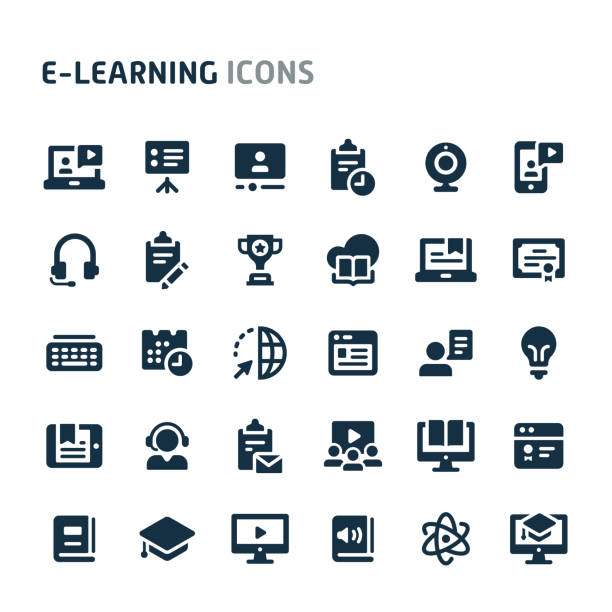 E-learning Vector Icon Set. Fillio Black Icon Series. Simple bold vector icons related to online learning and education. Symbols such as source programs, media equipment and online education  are included in this set. Editable vector, still looks perfect in small size. stock libraries stock illustrations